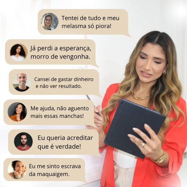 Marcella Porto, CEO da MELAMCLINIC, segurando tablet com expressões de pacientes que sofrem com melasma, representando os desafios emocionais enfrentados antes do tratamento na MELAMCLINIC.